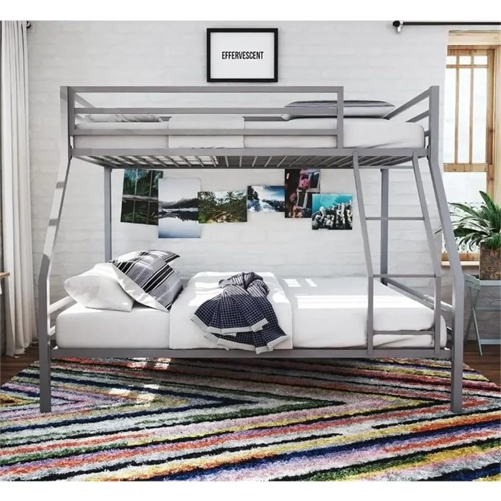 Kid Bed Metal Bunk Bed Frame for Kids Teens with Angled Ladder  High Guardrail and Metal Slats Underbed Storage Space Bed