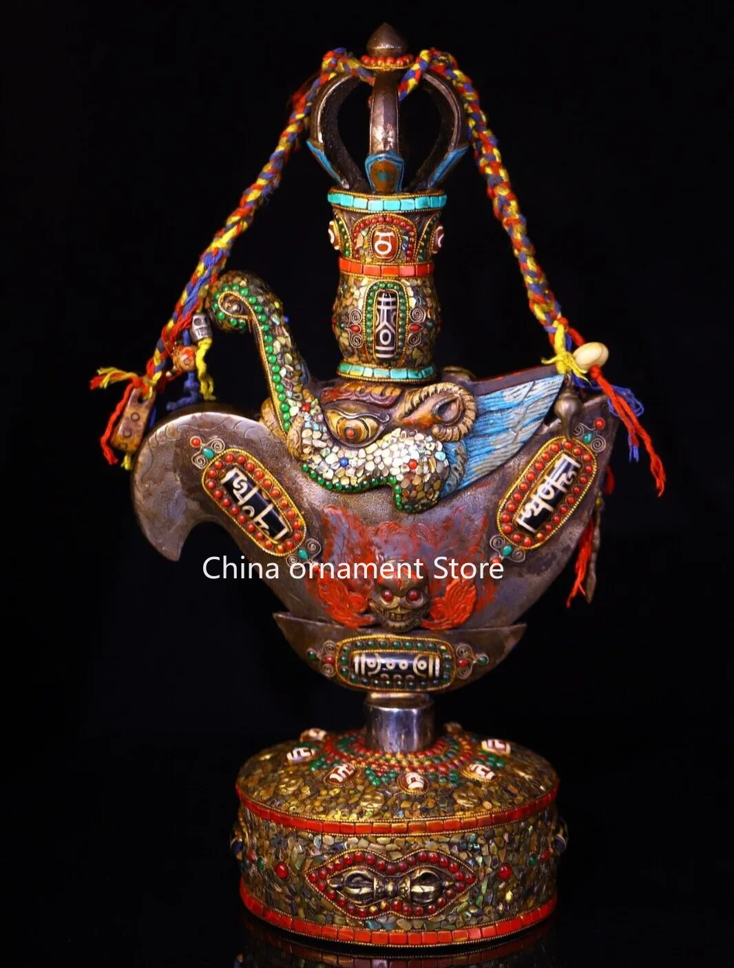 Old Tibet Iron Gilt Skull Head  Trident Exorcism Holder Faqi Statue TQA