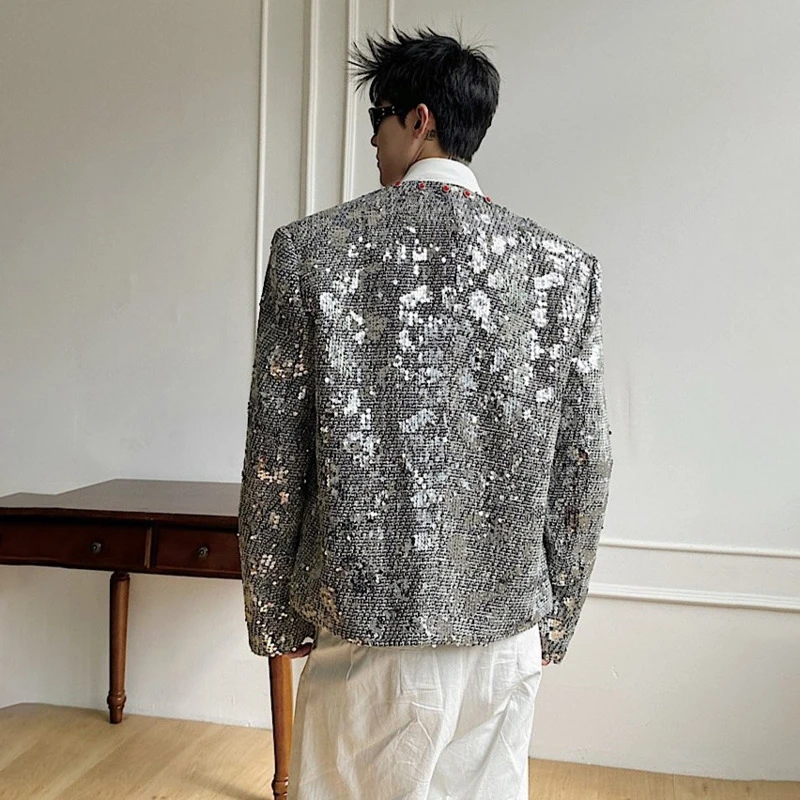 LUZHEN 2026 New Trendy Sequin Patchwork Design Casual Jacket Round Neck Men's Handsome Shoulder Pad Diamond Buttoned Coat JY6778