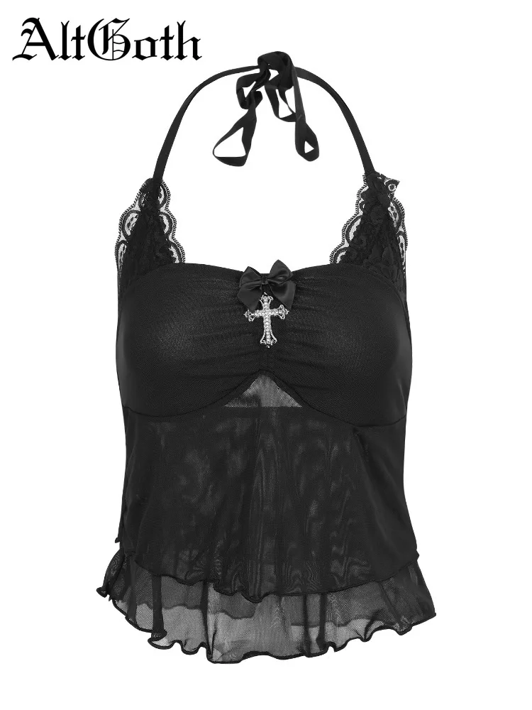 

AltGoth Y2k Gothic Dark Camisole Women Hotsweet Aesthetic Fairycore Grunge Lace Patchwork Bow Cross Halter Crop Tank Tops Female