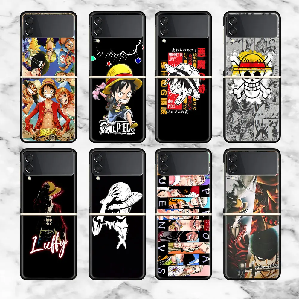 Case For Samsung Galaxy Z Flip 3 4 5G Black Hard PC Anti-knock Back Luxury Phone Cover Flip3 Flip4 Shell Cool Anime One-P-Piece