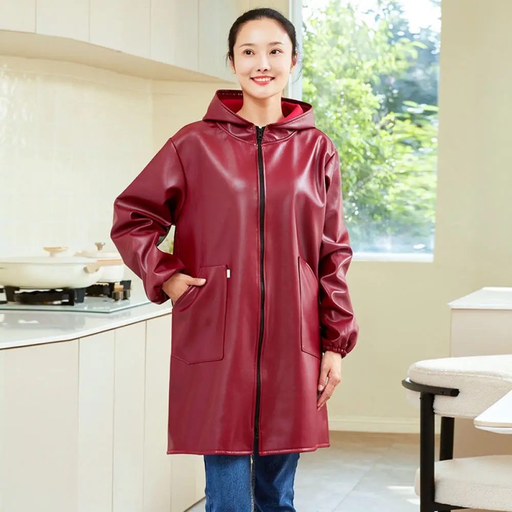 Kitchen Cleaning Apron Waterproof PU Leather Long Sleeve Smock Oil Proof Durable Soft Thickened Workwear Unisex Professional