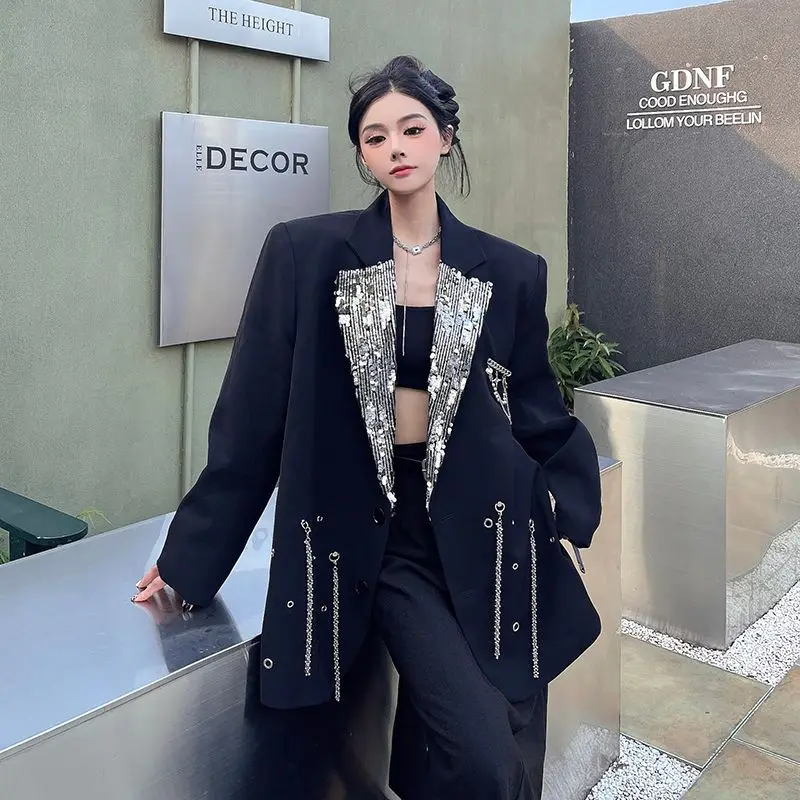 Niche Metal Chain Blazer Women's Spring Autumn New Loose Silhouette Shoulder Pads Splicing Sequined Suit Tide
