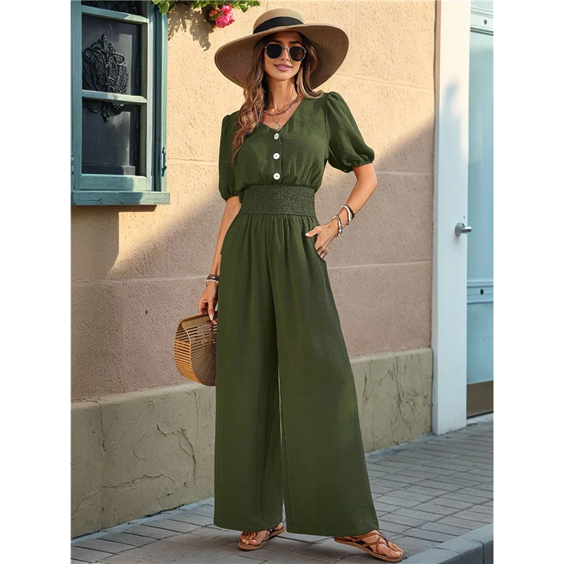 Kombinezony damskie ABP z krótkim rękawem, dekoltem w serek, eleganckie, codzienne, z szerokimi nogawkami.