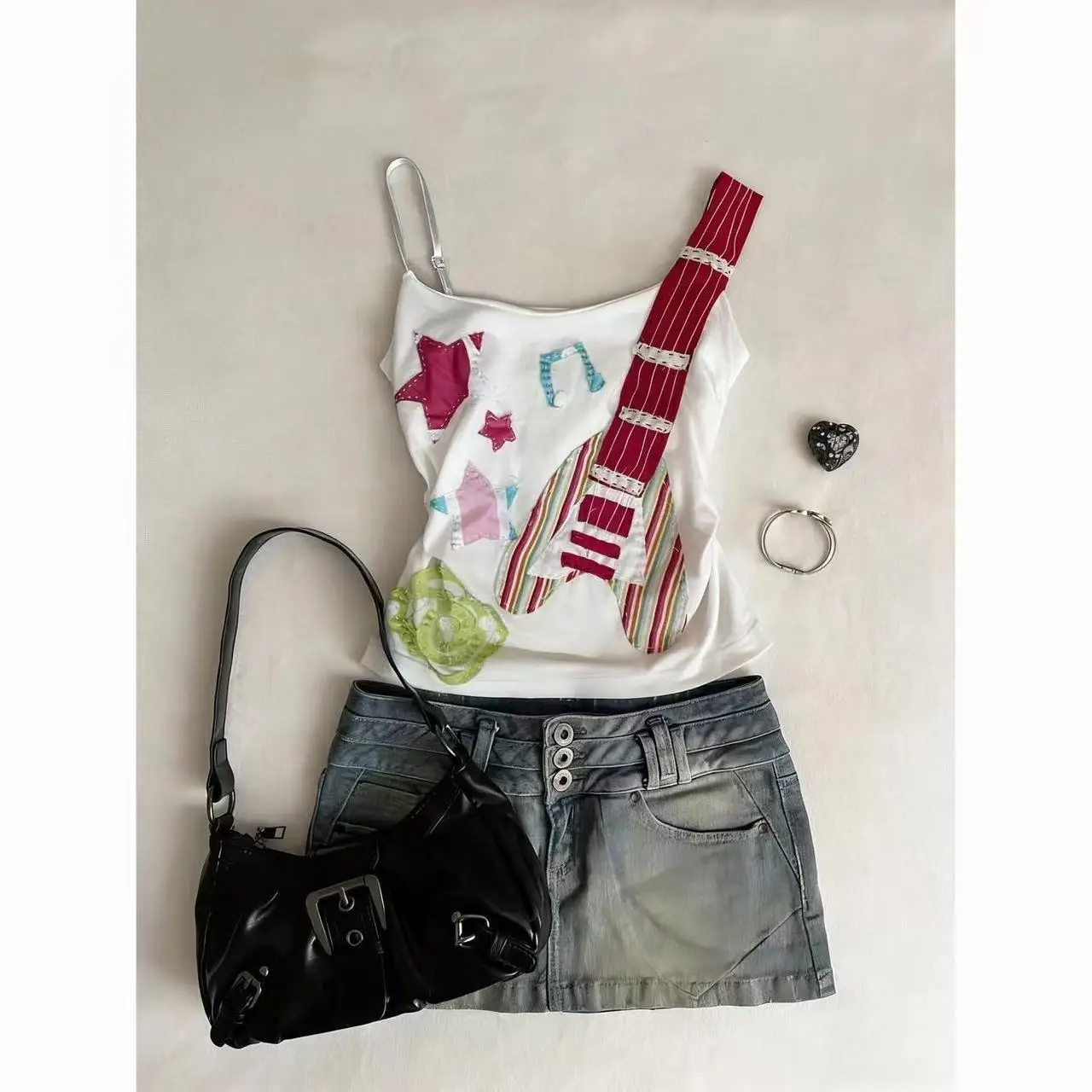 Asymmetric Spaghetti Strap Cami Top Guitar Star Note Rose Colorful Patchwork Print Slim Cropped Sleeveless Retro Rock Music Tank