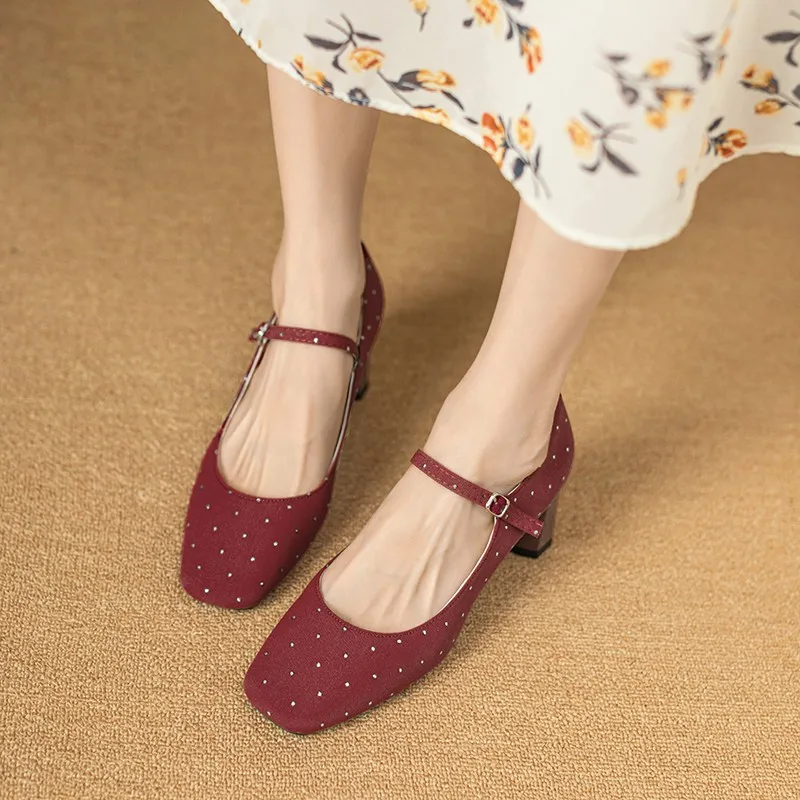 New Women's Bling Pumps High Heels Party Dress Shoes Square Toe Mary Janes Shoes Black Red Glitter Zapatos Mujer Dress Shoes