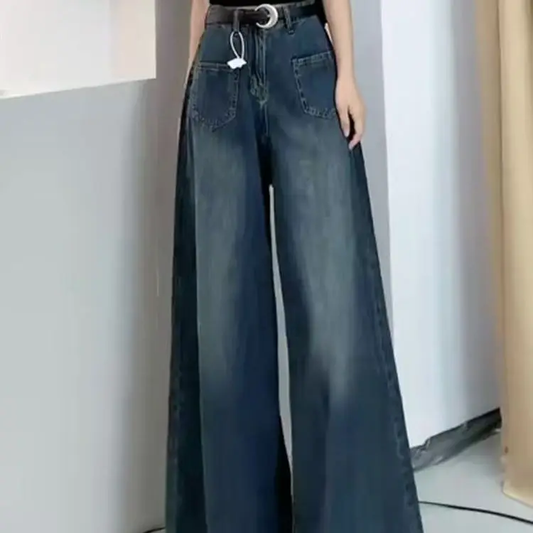 

Women Vintage Jeans Basics Wide Leg Pants High Waist Pockets Button Solid Colour Full Length Denims Casual Straight Trousers