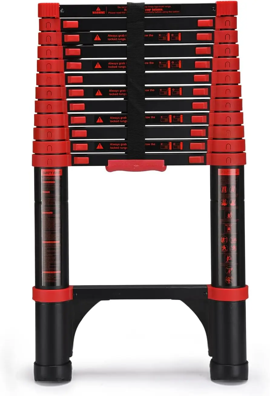 

Telescoping Ladder 12.5 FT Red Aluminum Lightweight Extension Ladder with 2 Triangle Stabilizers, Heavy Duty 330lbs Max