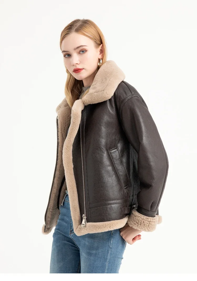 Fashionable Women Multi Colored Fur One-piece Jacket Flight Jacket Lamb Fur Motorcycle Leather Fur Jacket