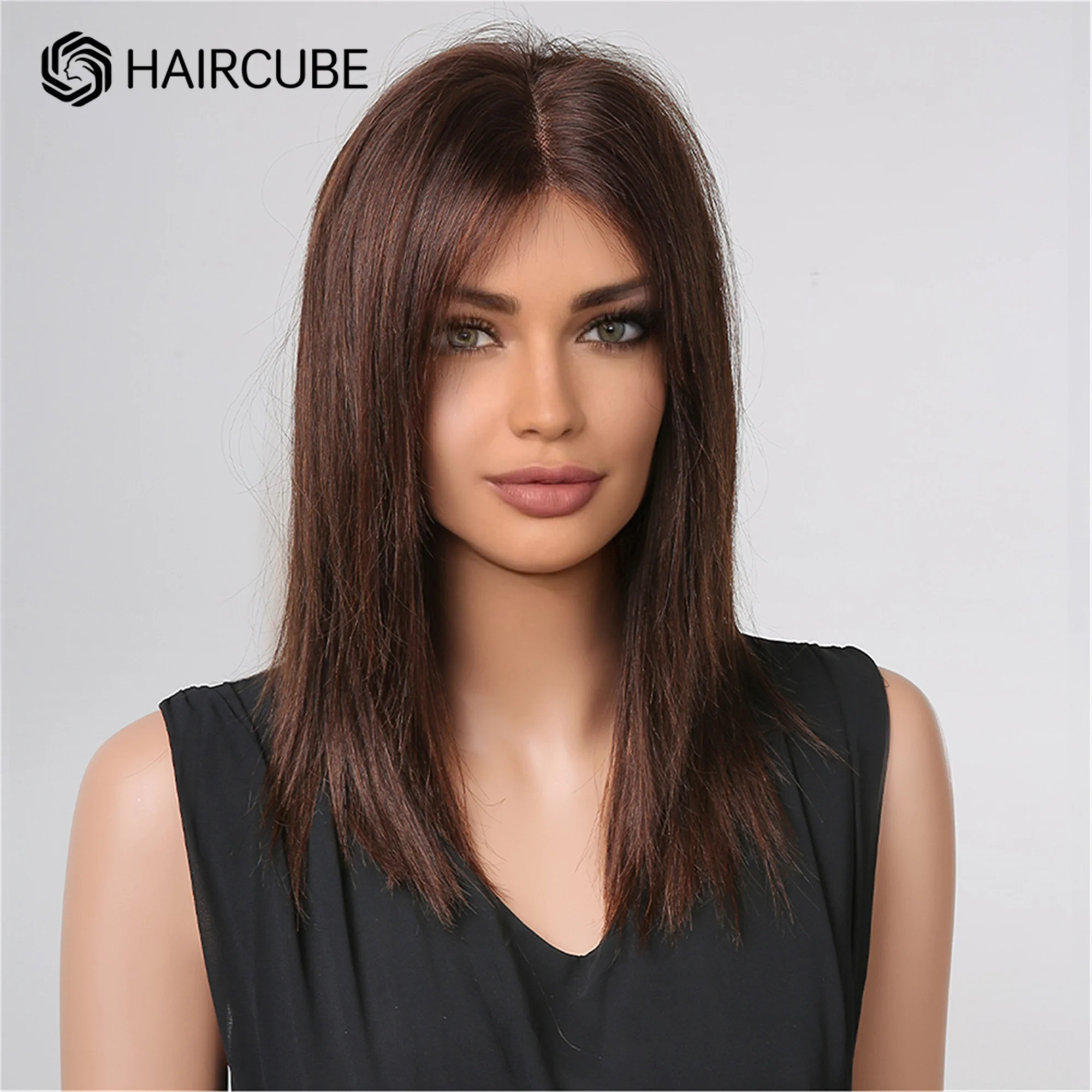 HAIRCUBE Chestnut Brown Shoulder Length Long Lace Front Human Hair Wig Middle Part Fluffy Straight Remy Hair Wigs for Women