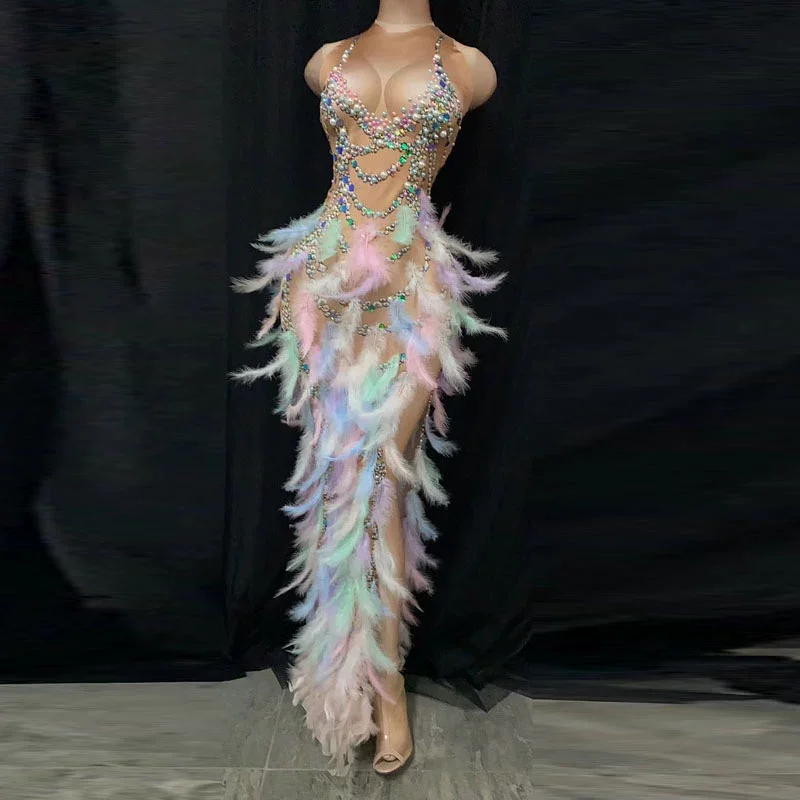 

Sexy Rhinestones Feather Long Skirt Sleeveless Evening Party Birthday Nightclub Women Dress Singer Stage Party Costume