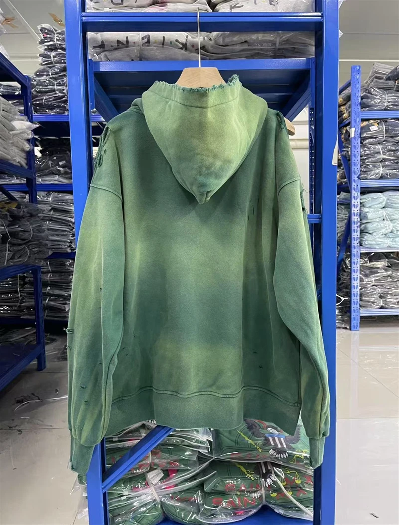 Autumn Winter Vintage Washed Gradient Hoodie Saint Piercing Design Street Loose Casual Cotton Oversized Hooded Sweatshirt Zipper