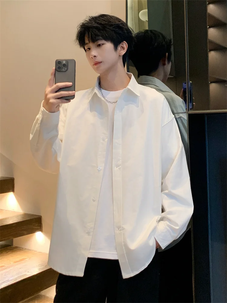 

Long Sve White irt Men's Casual Pure Color Versatile Loose Fit Sun Protection Top Trendy Brand Youthful Sle Autumn Wear