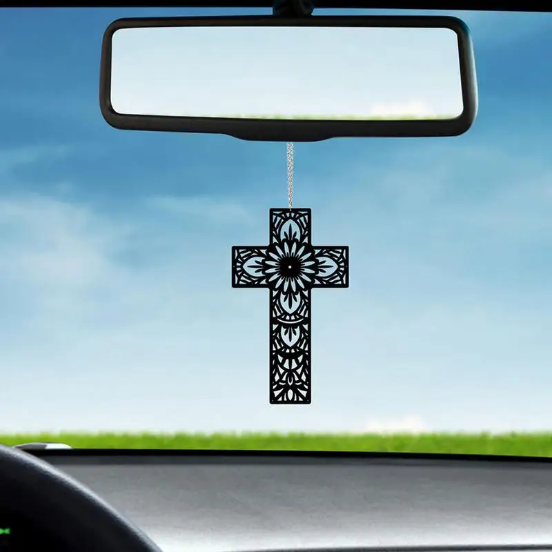 Car Ornaments Rearview Mirror Pendants 19cm Black Hollow Car Decorating Cross Christian Wall Decor For Car Interior Accessories