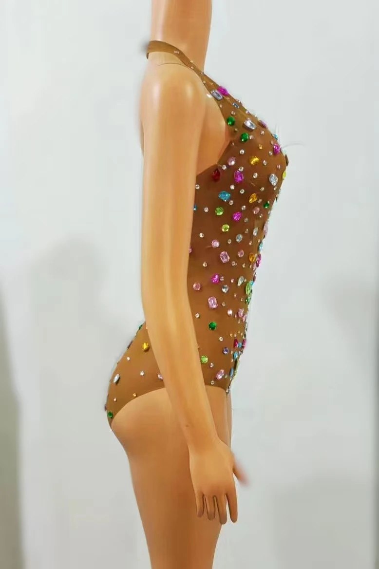 Fashion Colorful Sparkly Crystals Sheer Mesh Bodysuit Dance Show Sleeveless Outfit Women Club Stage Performance Bodysuit Caibao