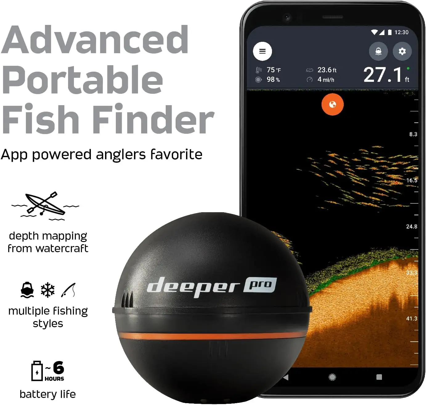 Deeper PRO Smart Sonar Fish Finder Bundle – Castable Wi-Fi Fish Finder with Smartphone Mount for Fishing Rod | Portable Depth Fi