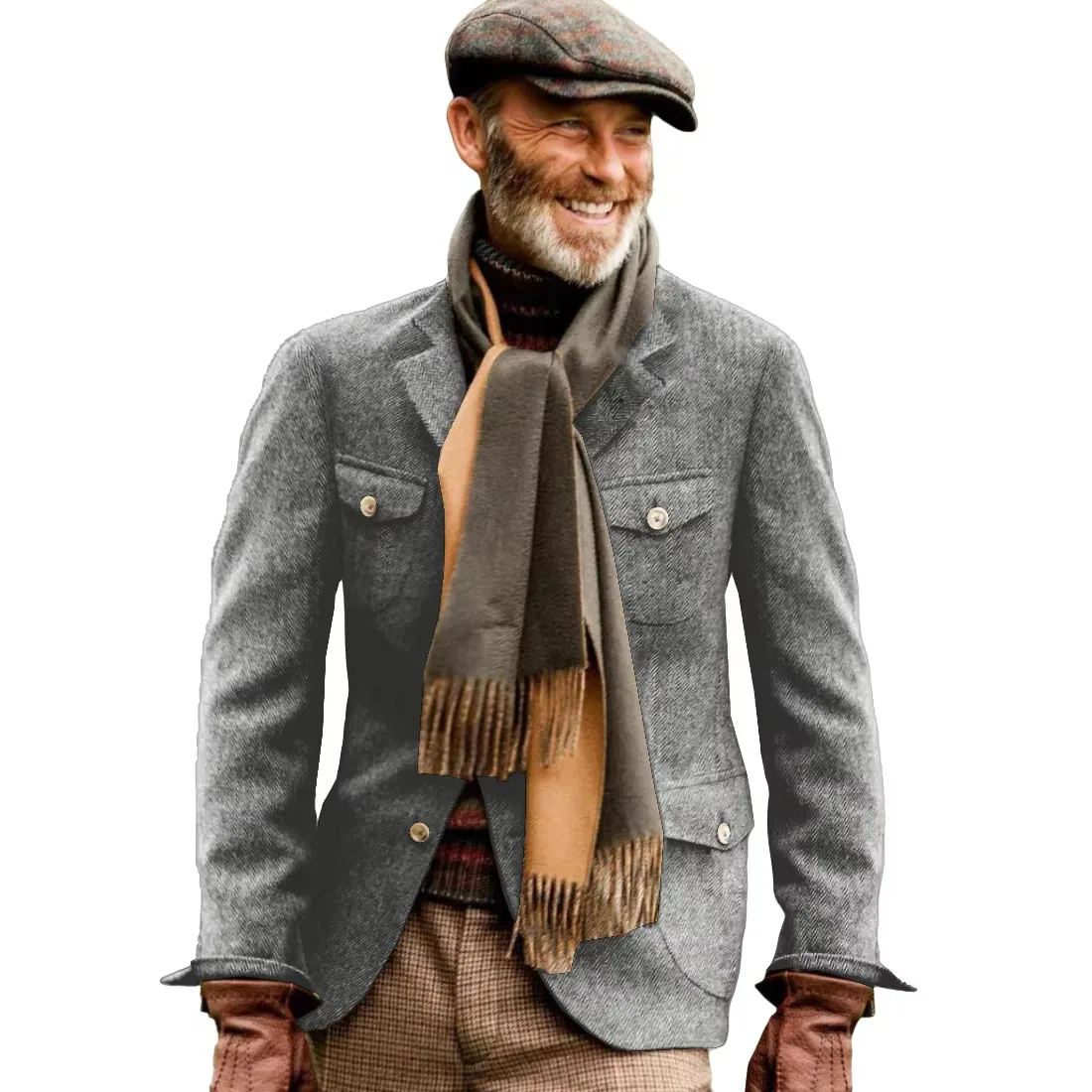 Vintage British Herringbone Sport Coats Tweed Tweed Hunting Casual Stand Collar Multiple Pockets Jacket Men's Suit Thick Blazers