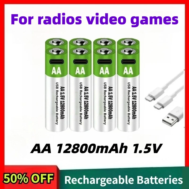 

Large Capacity 12800mAh 1.5V AA Rechargeable Lithium Battery Supports USB Fast Charging Suitable for radios video games