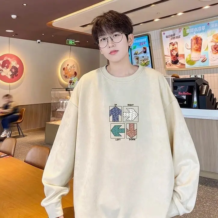 Heavy suede round neck sweatshirt for men in autumn and winter new plus velvet trendy brand large size top American retro hooded