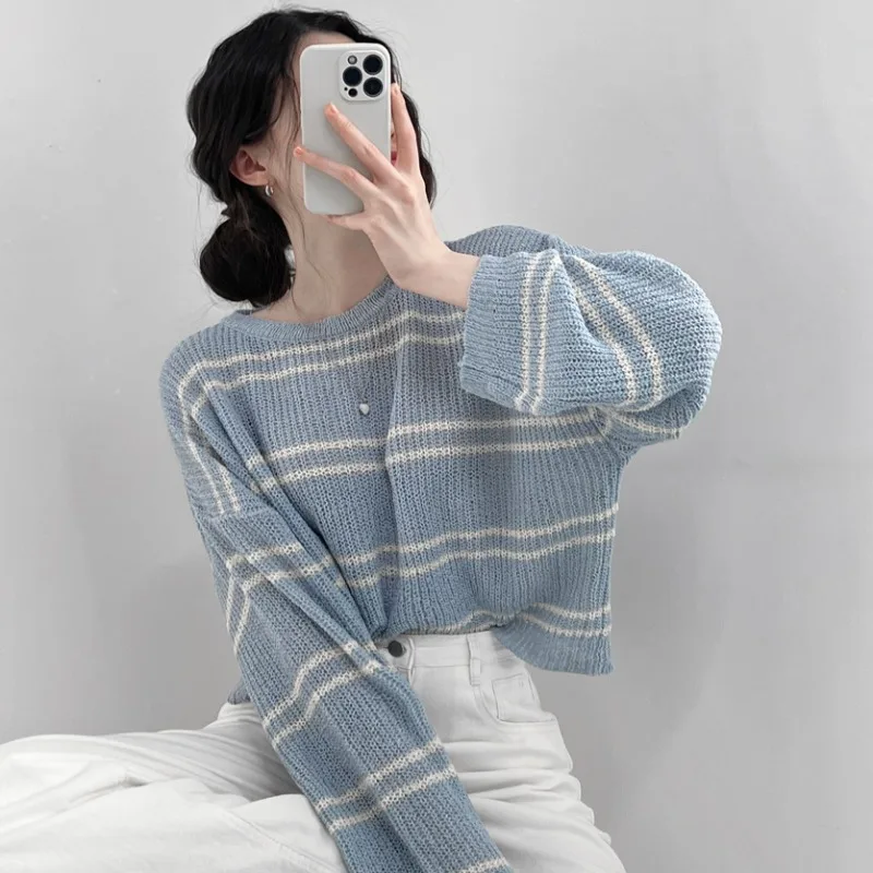 Boring Honey Korean Fashion Striped Long-Sleeved T-Shirt Women's Spring Summer Sunscreen Blouse O-Neck Knitting Thin Top Women