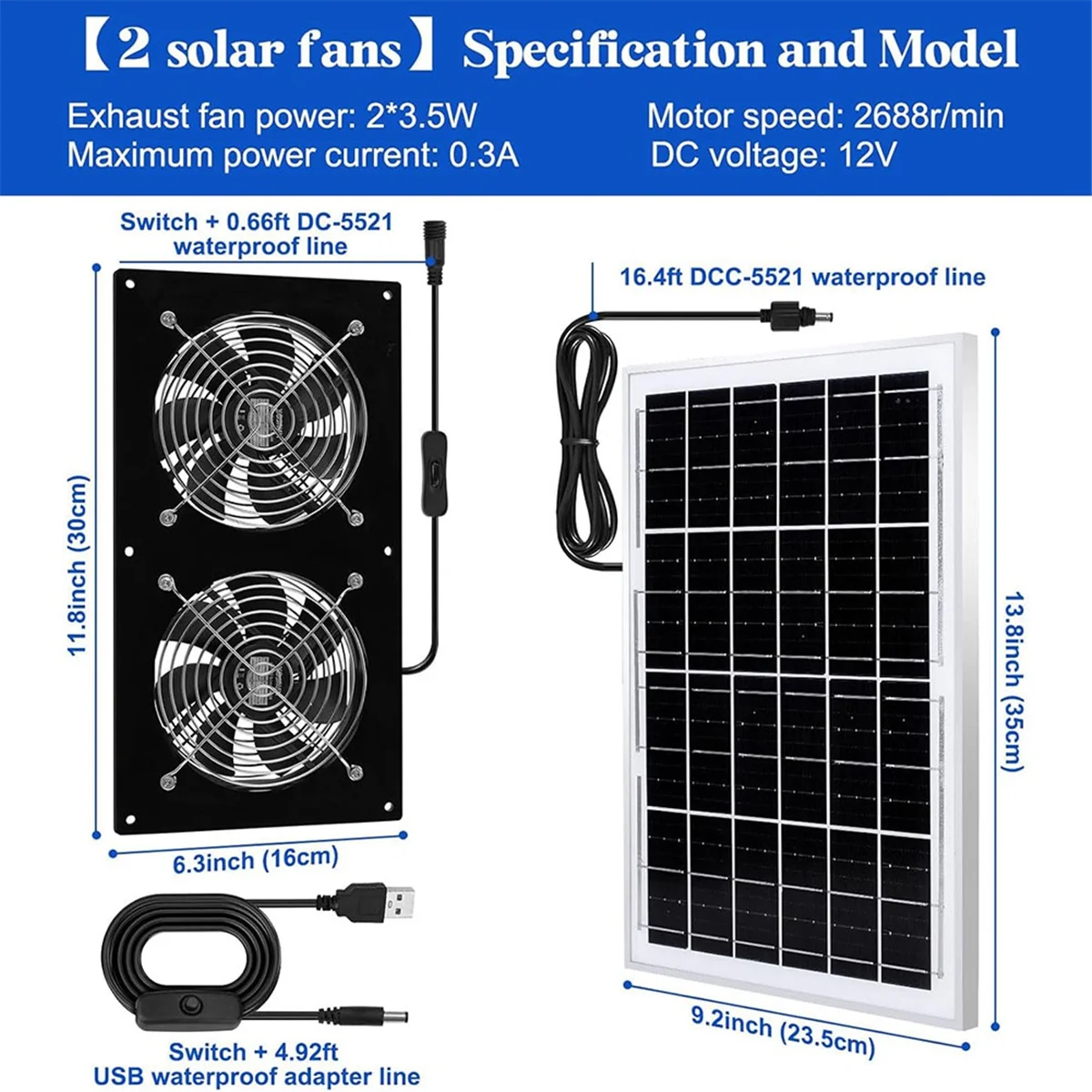 

A04I Solar Exhaust Fans & Powered Fan with 15W Panel 2Pack High-Speed Brushless DC Fans,Solar Ventilation Fan for Greenhouses