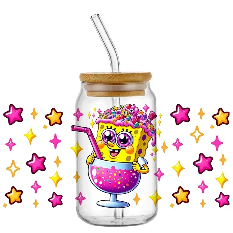 Yellow Sponge Cartoon Character Fun UV DTF Cup Wraps Colorful Star Dessert Waterproof Decal Stickers for 16oz Libbey Glass Can