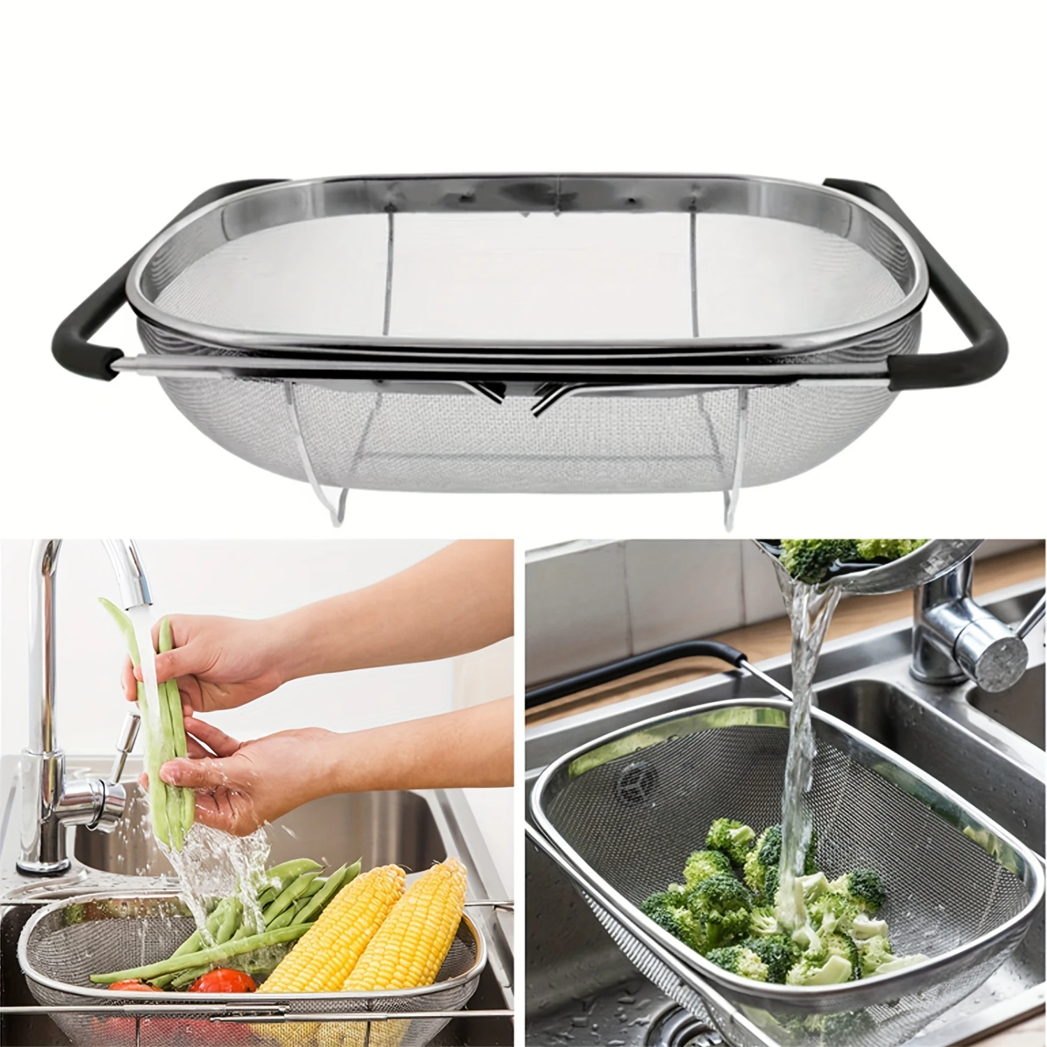 Stainless Steel Over-The-Sink Colander - Telescopic Mesh Basket For Fruits & Veggies, Perfect Kitchen Gadget For Washing And Dra