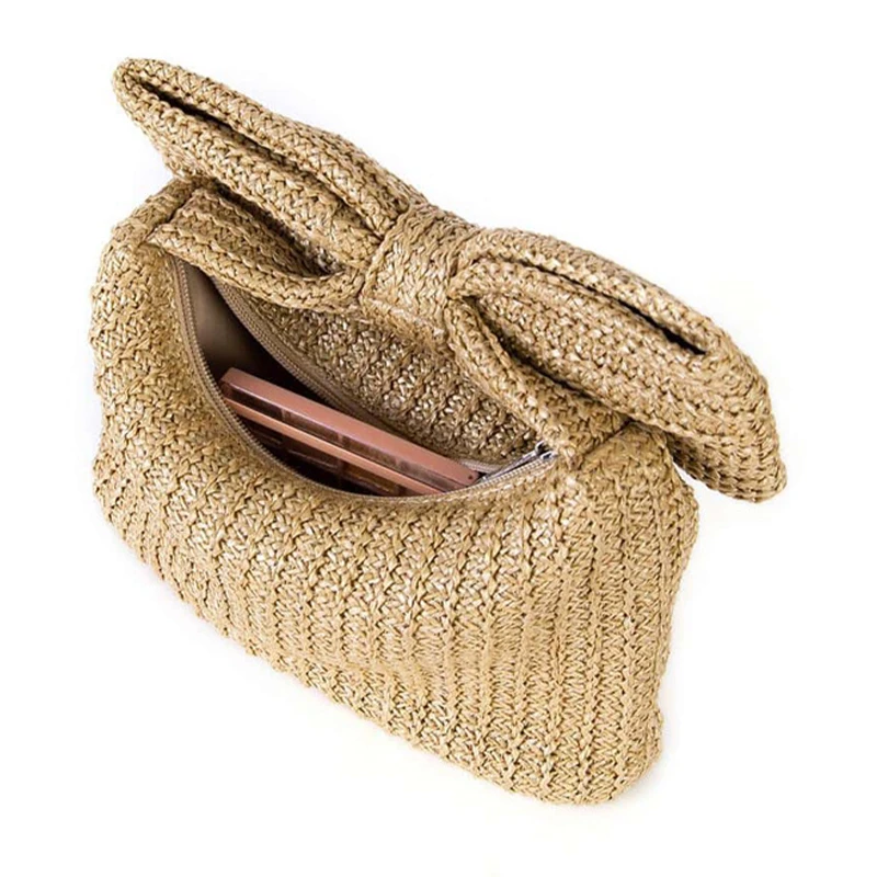 Handmade Straw Bow Tote Handbag for Women 2024 Summer Beach Woven Evening Hobo Bag for Party Wedding Travel Wristle Clutch Purse