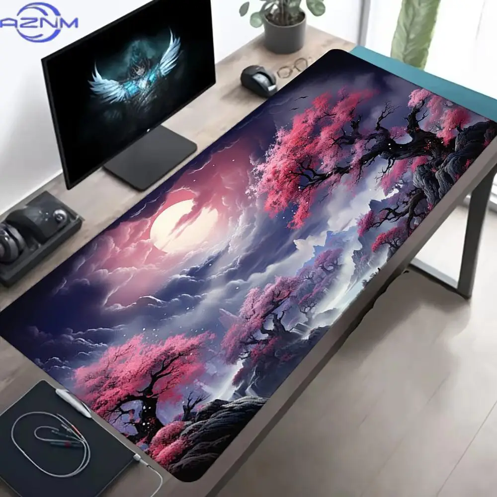 Japanese Cherry Blossom Full Moon Bridge Large Gaming Mouse Pad Non Slip Rubber Anime Sakura Night Landscape Oriental  Mousepads