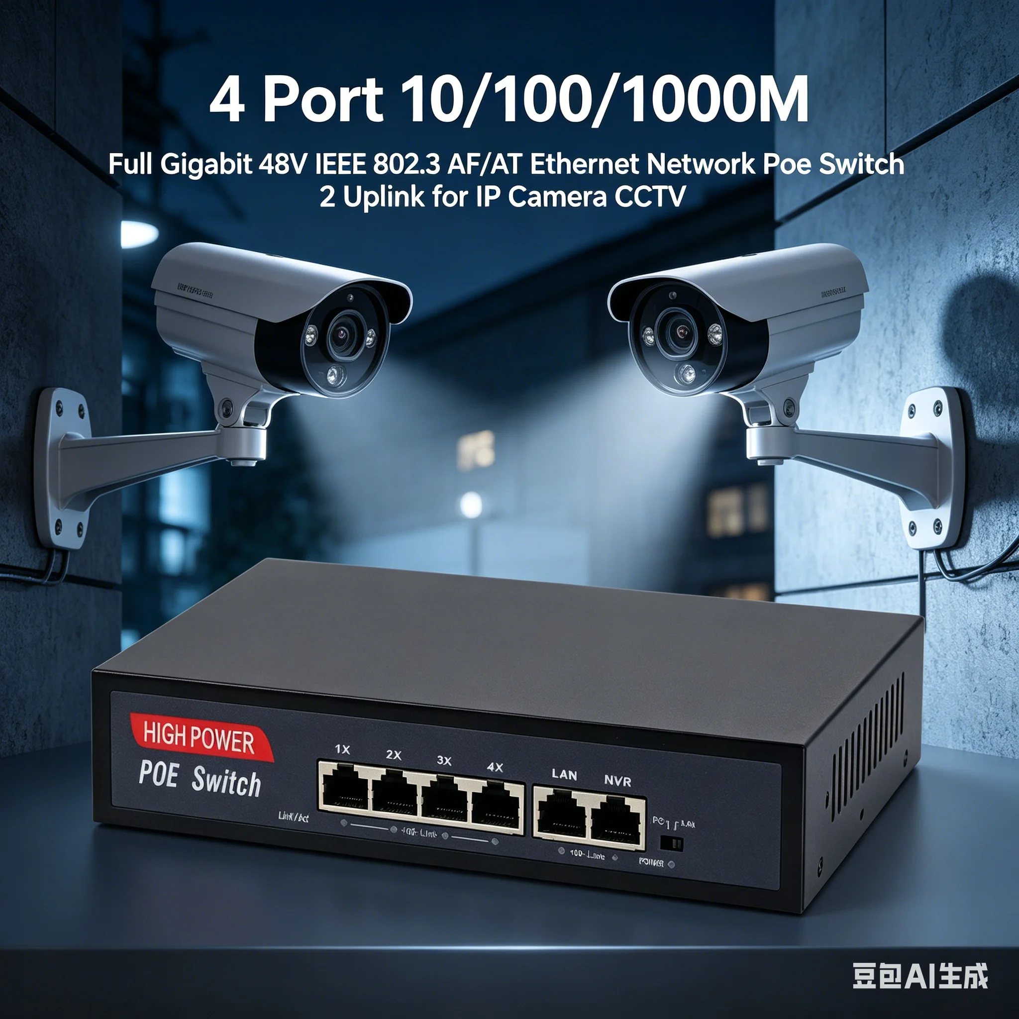 AI Watchdog 75W 4-Port POE Switch 100Mbps/1000Mbps Network Switch  Wireless AP & IP Camera Extension 250Meter Distance