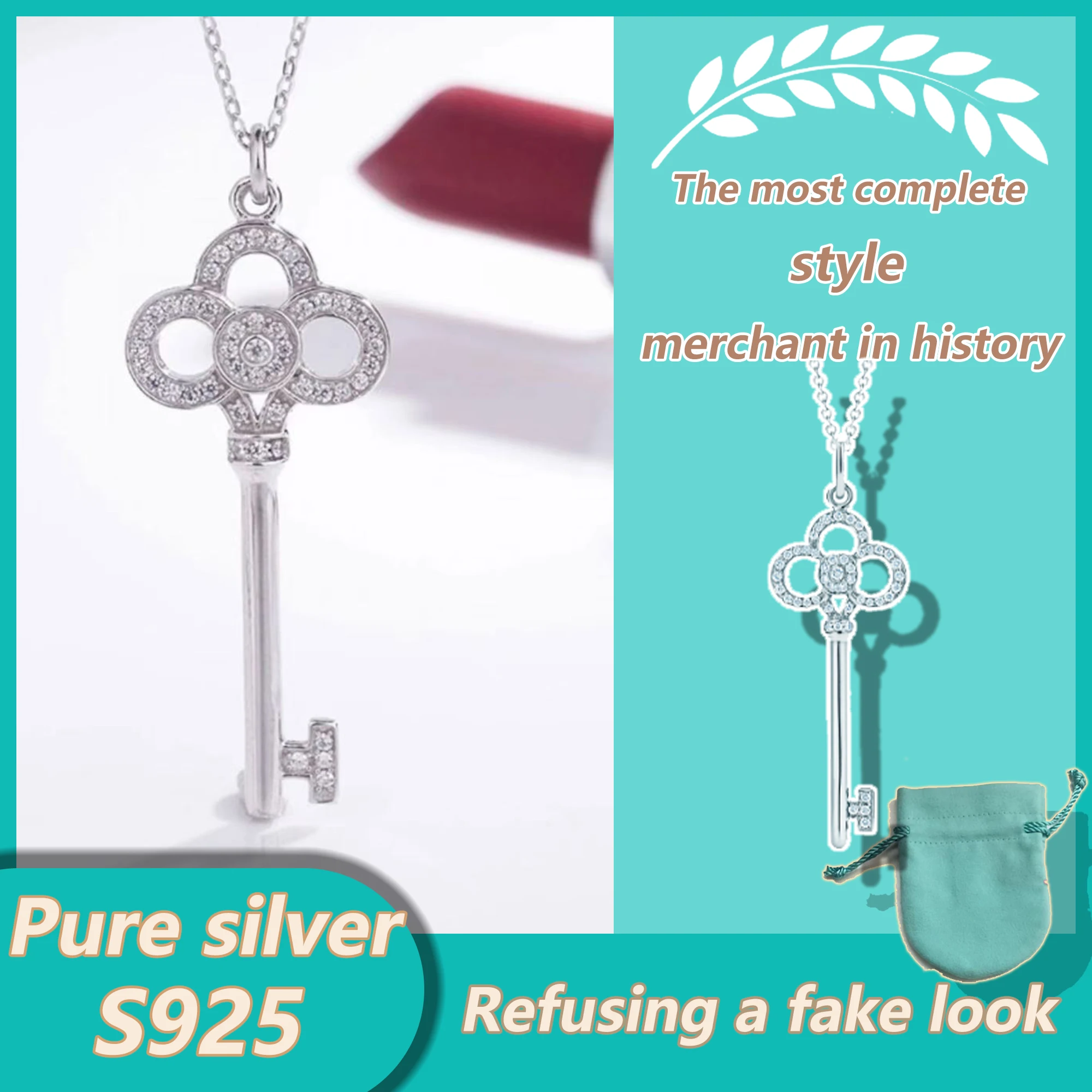 

Diamond studded key pendant necklace, pure silver S925 smooth and exquisite elegant necklace, Keys series holiday gift