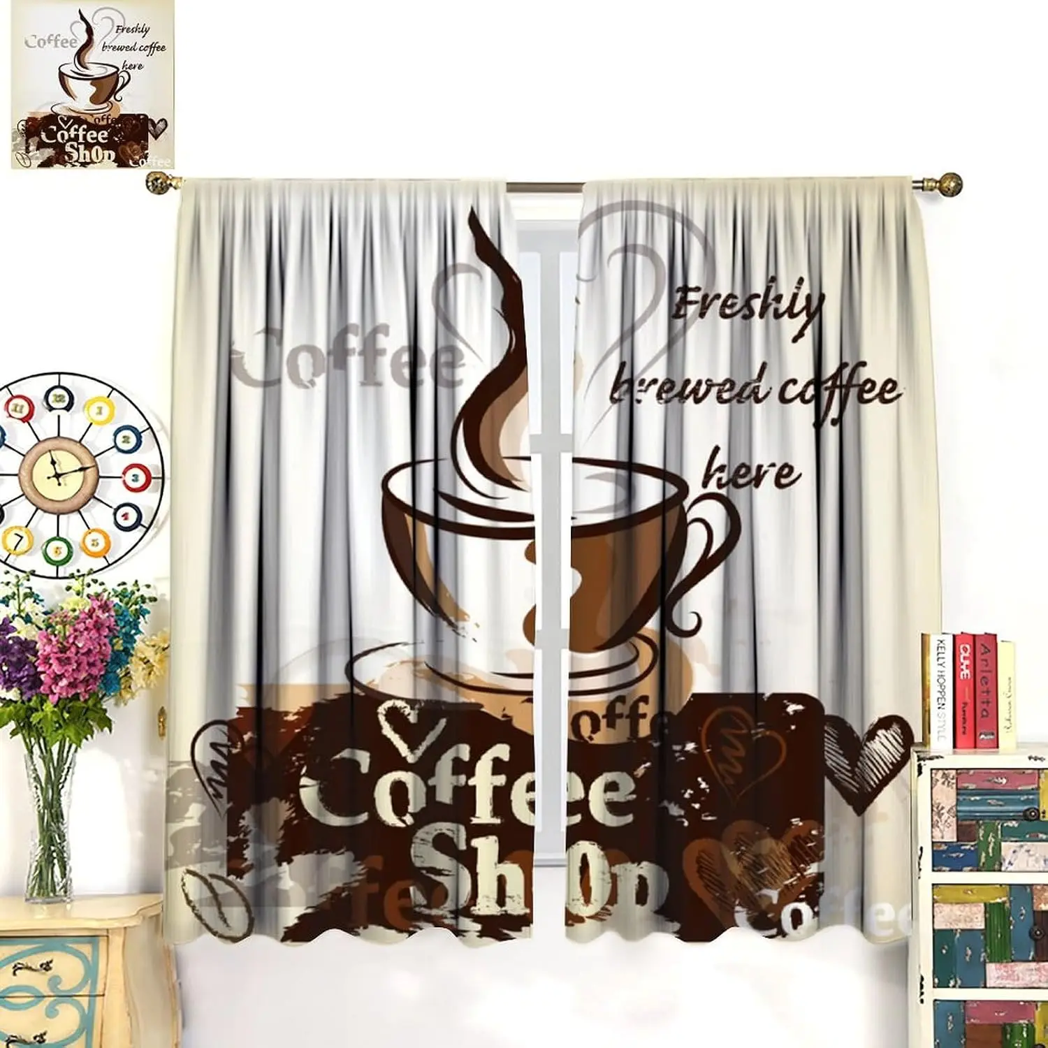 Vintage Coffee Shop Curtains, Sketch Coffee Cup Heart Fresh Brewed Text Cream Background Window Drapes for Cafe Kitchen Decor