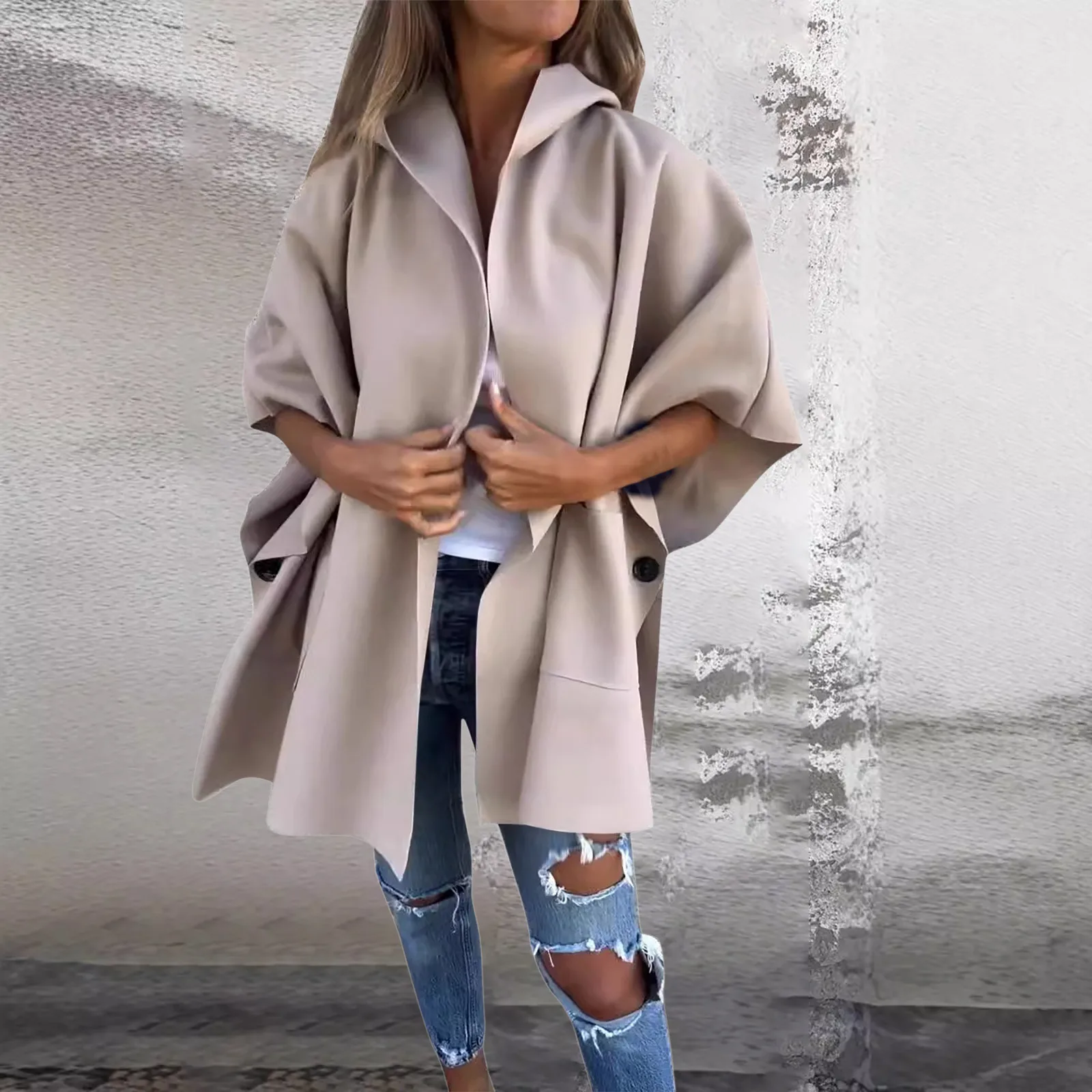 Women Autumn Winter Windbreak Fashion Solid Color Lapel Casual Hooded Loose Cape Shawl Coat French Temperament Casual Clothing