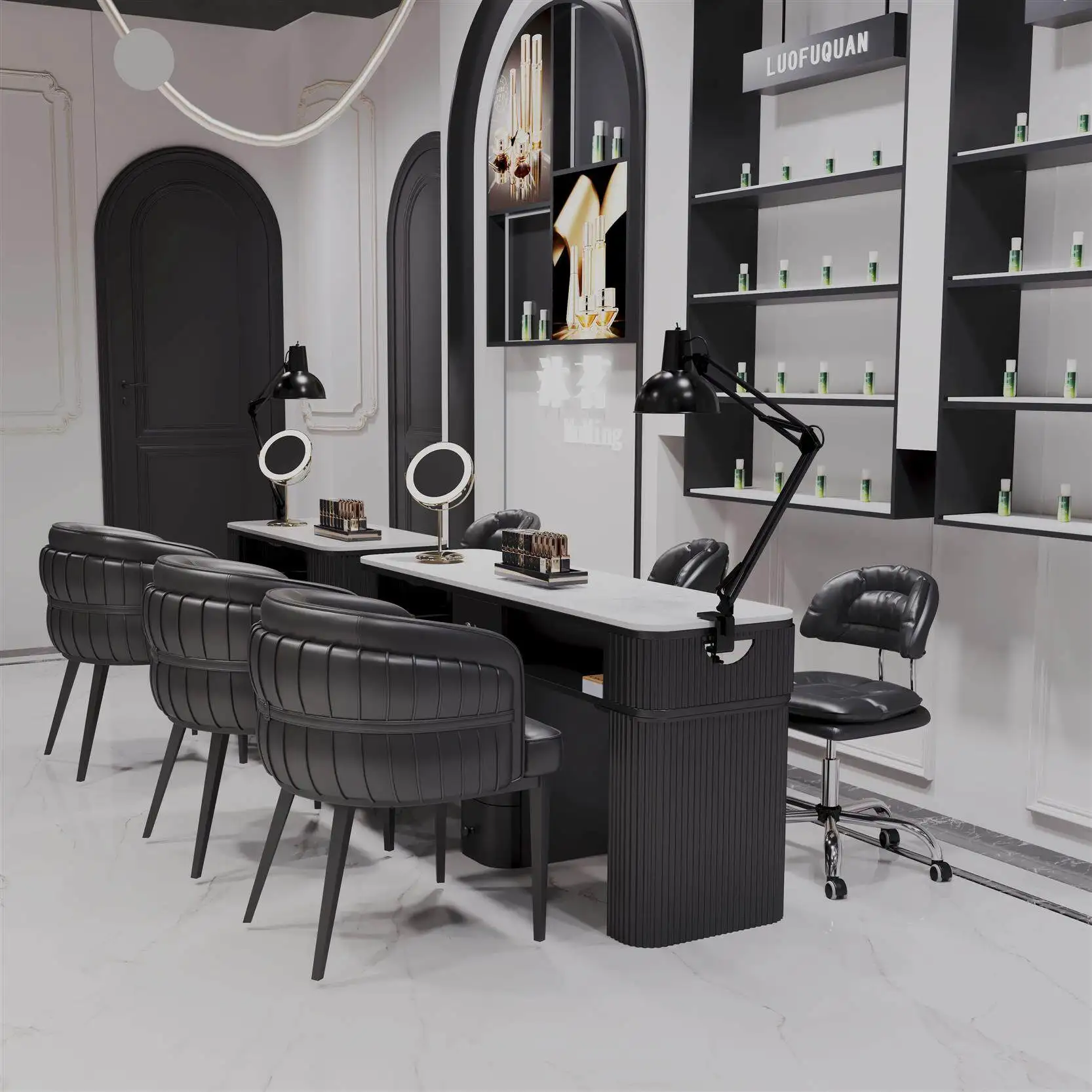 Marble Nail Table and Chair Set, Black Series, Fashionable, Internet Famous, High-end, with Bottom Cabinet Nail Table and Chairs view 2