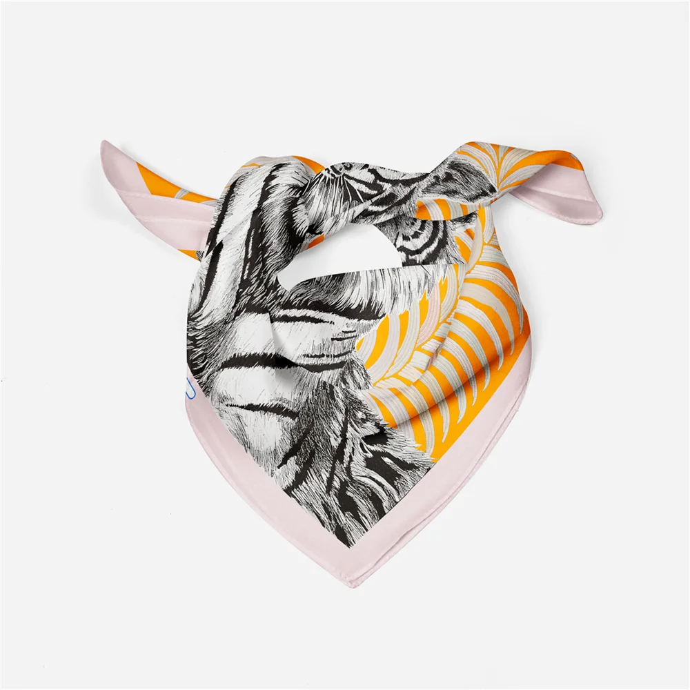 Twill-Seidenschal für Damen, indischer Tiger-Druck, quadratische Schals, Wickel, Bandana, kleine Hijabs, Seidenfoulards, Krawatte, Stirnband, Halstuch, 53 cm – Detail 17
