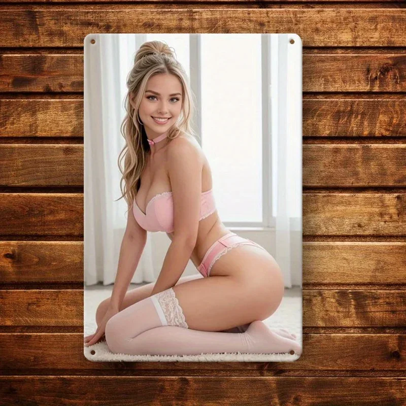 HD Metal Tin Sign Sweet Blonde Woman in Pink Lingerie & Lace Stockings Cozy Bedroom Scene Vintage Wall Art Plaque Retro 2D De