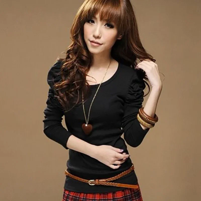 봄 가을 신상 슬림 올매치 탑 오피스 레이디 셔츠 패션 O넥 솔리드 컬러 퍼프 슬리브 블라우스 여성 의류 2025