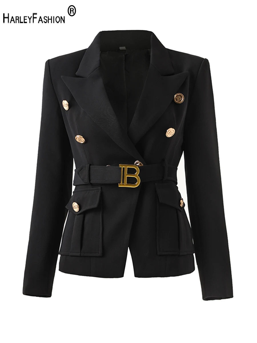 Women Pocket Blazer With Belt Notched Fashion Top Quality Elegant Design Good Shape Popular Style for Lady