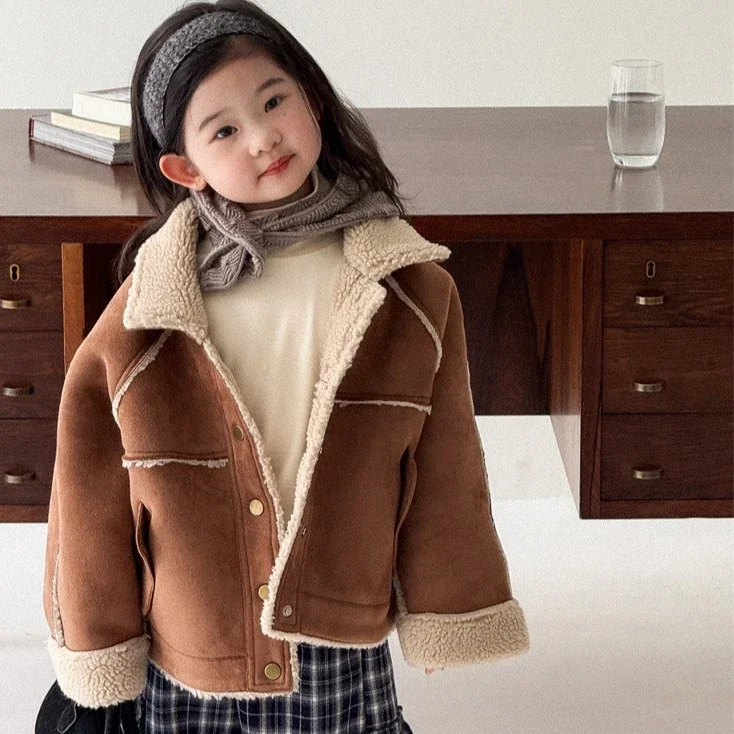 

Костюм для девочек 2025: Новинка осенне-зимней коллекции, детская одежда в корейском стиле, куртка из овечьей шерсти и замши для девочек, брюки в клетку, комплект из двух предметов