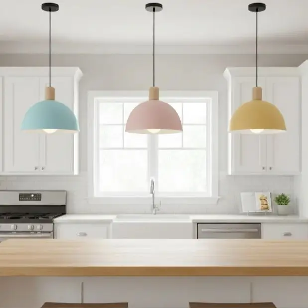 Vintage-style coloured wrought iron and wooden pendant light, suitable for dining rooms, studies and kitchen islands.