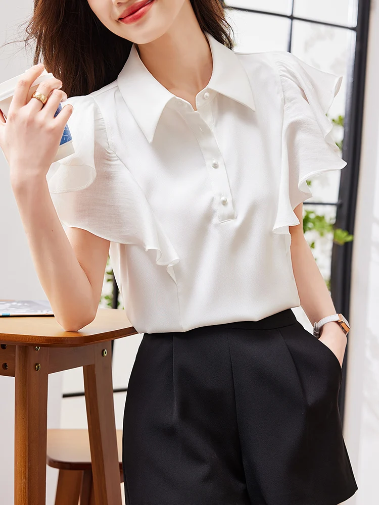 2025 夏のファッションノースリーブターンダウン襟女性ブラウス白シフォンブラウスシャツ女性トップス Blusas デ Mujer Camisas N500