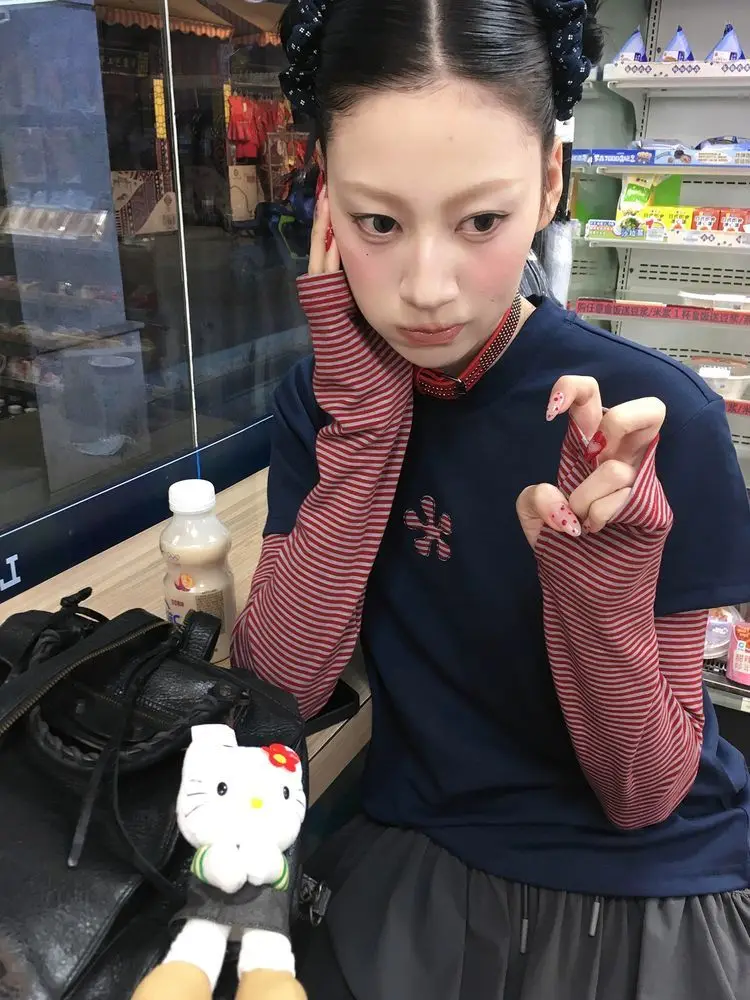 

HOUZHOU Harajuku Patchwork T-shirts Women Vintage Y2k Japanese Korean Street 2000s Fake Two Pieces Tops Long Sleeve Striped Tees