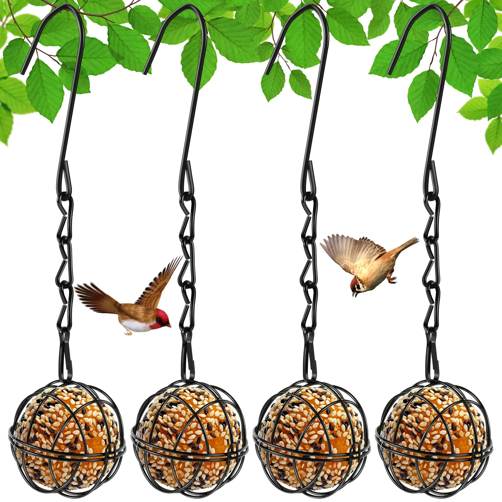 4 Pack Suet Ball Bird Feeder Set Metal Bird Feeding Station Kit with Hanging Chain Squirrel Proof Bird Feeders for Outside