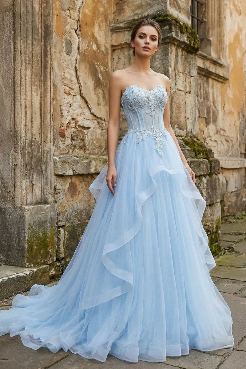 Elegant light blue Lace Appliques crystal Evening Dress Sweetheart A Line Tiered Pleat Tulle Formal Cocktail Prom Party Vestidos