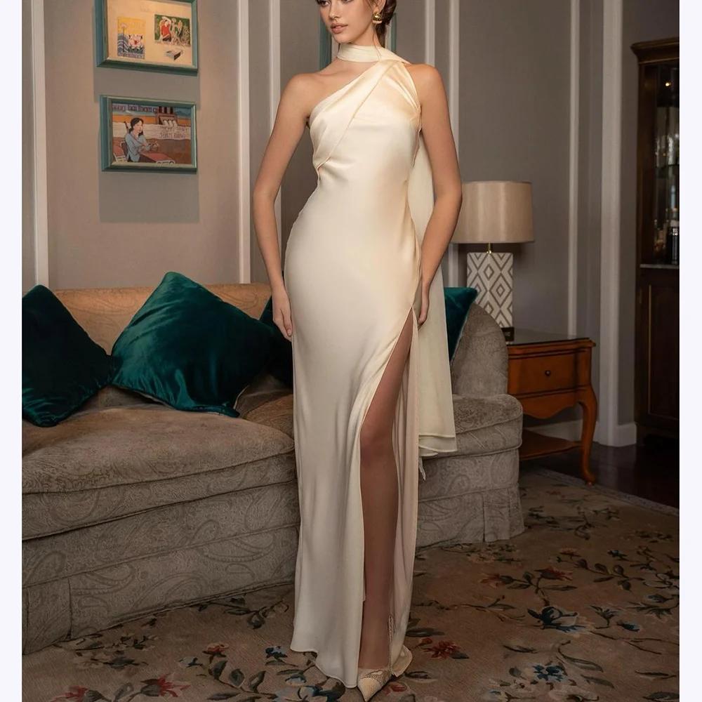 

Satin Evening Dresses For Women Halter Side Slit Mermaid Dress Special Occasion Sleeveless High Quality Prom Gown Cocktail
