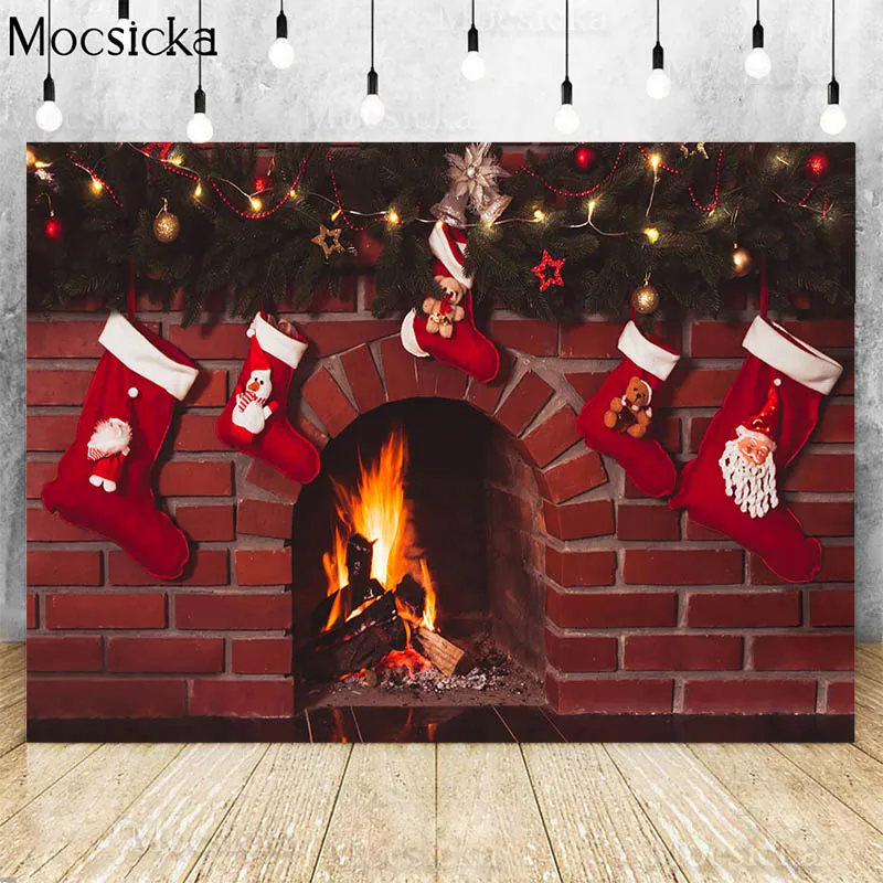 Christmas Fireplace Backdrops For Photography Retro Brick Wall Hearth Red Socks Decor Family Portrait Photocall Background Photo