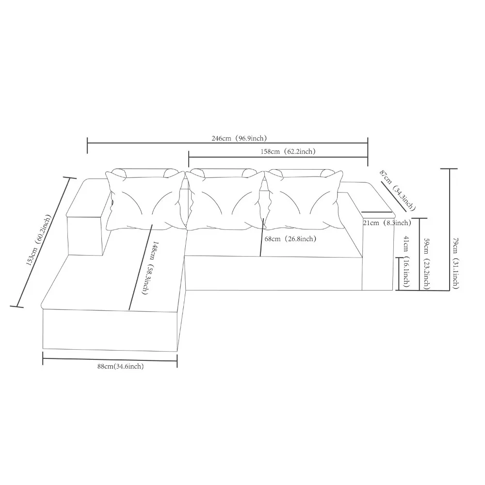 96 Inch Cloud Modular Sofa Deep Seat Corduroy L-Shape Chaise Living Room Bedroom No Assembly Right Facing, Custom