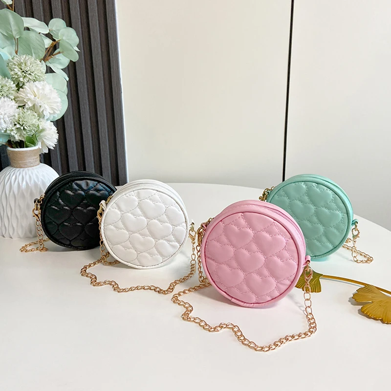 Fashion Korean Kids Pink Pu Leather Shoulder Bag Baby Girls Mini Round Coin Purse Handbag Princess Chain Crossbody Bag For Kids