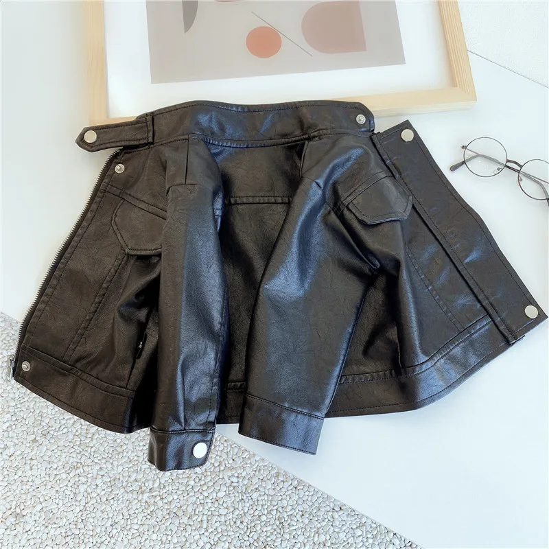 2024 New Girls Boys Black Pu Zipper Jackets Kids Baby Leather Jacket Spring Autumn Cool Coat Children Clothes Overcoats 2-6T