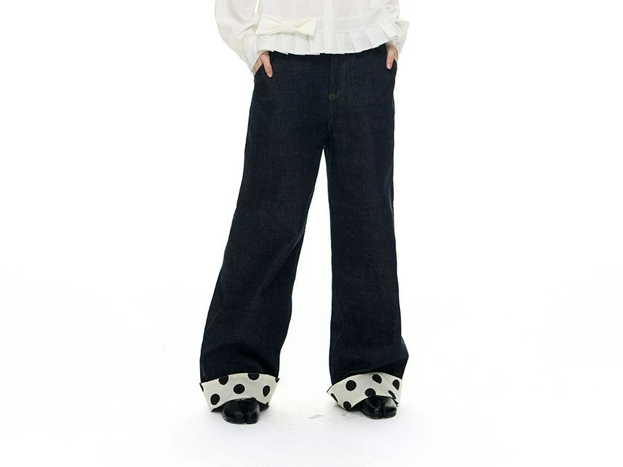 Polka Dot Splicing Loose Straight Jeans Flanged Design Casual Trousers Temperament Pants Wide-leg Trousers
